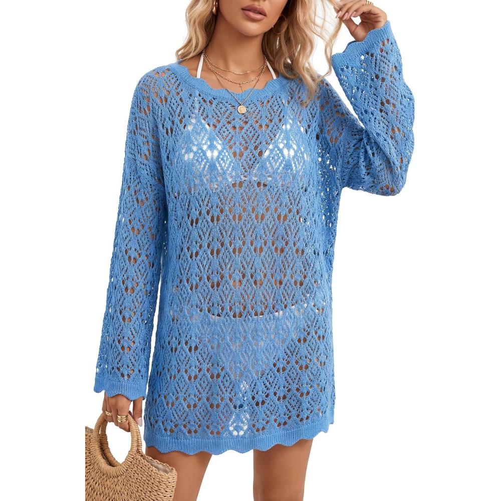 image:imageArachampCloz Womens 100 Cotton Oversized Swimsuit Cover Up Off Shoulder Boat Neck Breathable Beach Crochet Summer 2026Blue