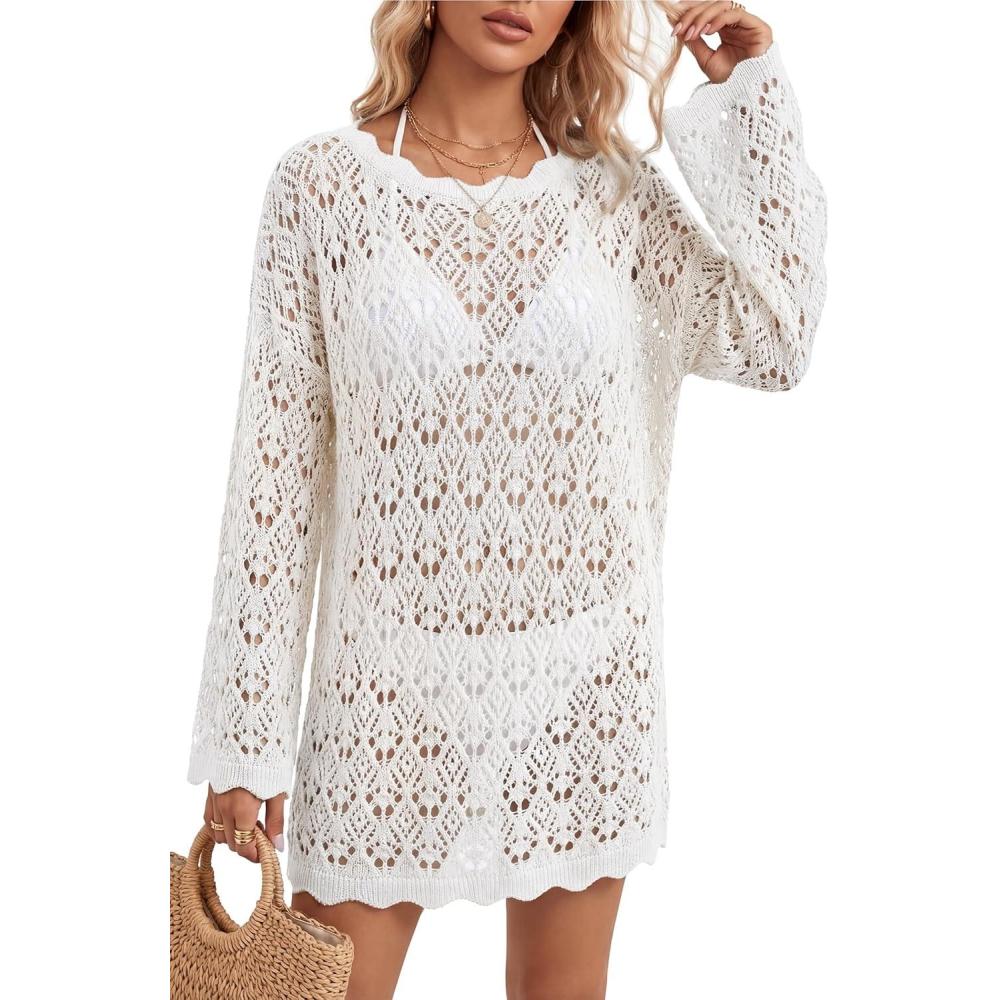 image:imageArachampCloz Womens 100 Cotton Oversized Swimsuit Cover Up Off Shoulder Boat Neck Breathable Beach Crochet Summer 2026White