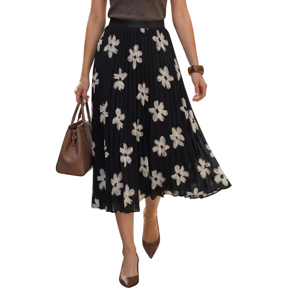 image:imageArachampCloz Womens Chiffon Wide Elastic Band ALine Pleated Floral Pleated SkirtsApricot Floral