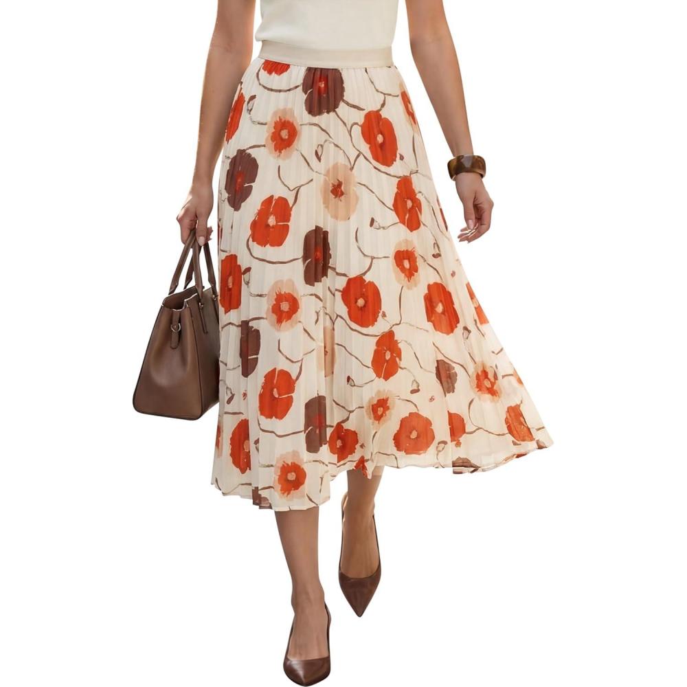 image:imageArachampCloz Womens Chiffon Wide Elastic Band ALine Pleated Floral Pleated SkirtsOrange Floral