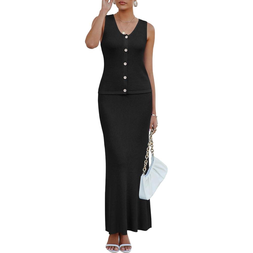 image:imageArachampCloz Womens Lightweight 2 Piece Sets Summer Vacation Button Top and Maxi Skirt 2026 OutfitsBlack