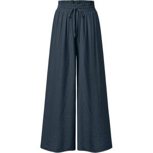 Arach&Cloz Summer Women’s Linen Blend High Waisted Flowy Wide Leg Palazzo Casual Pants(Dark Blue)