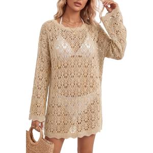 Arach&Cloz Women’s 100% Cotton Oversized Swimsuit Cover Up Off Shoulder Boat Neck Breathable Beach Crochet Summer 2026(Apricot)
