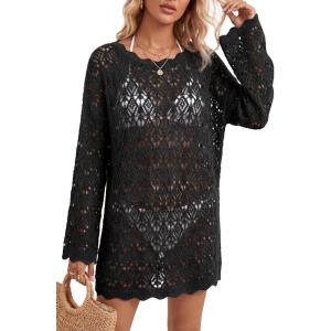 Arach&Cloz Women’s 100% Cotton Oversized Swimsuit Cover Up Off Shoulder Boat Neck Breathable Beach Crochet Summer 2026(Black)