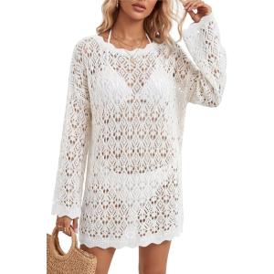 Arach&Cloz Women’s 100% Cotton Oversized Swimsuit Cover Up Off Shoulder Boat Neck Breathable Beach Crochet Summer 2026(White)