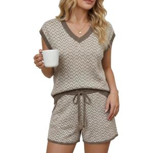 Arach&Cloz Women’s Linen Lyocell Relaxed Fit 2 Piece Lounge Sets V Neck Top Drawstring Shorts Summer 2026(Coffee Stripe)