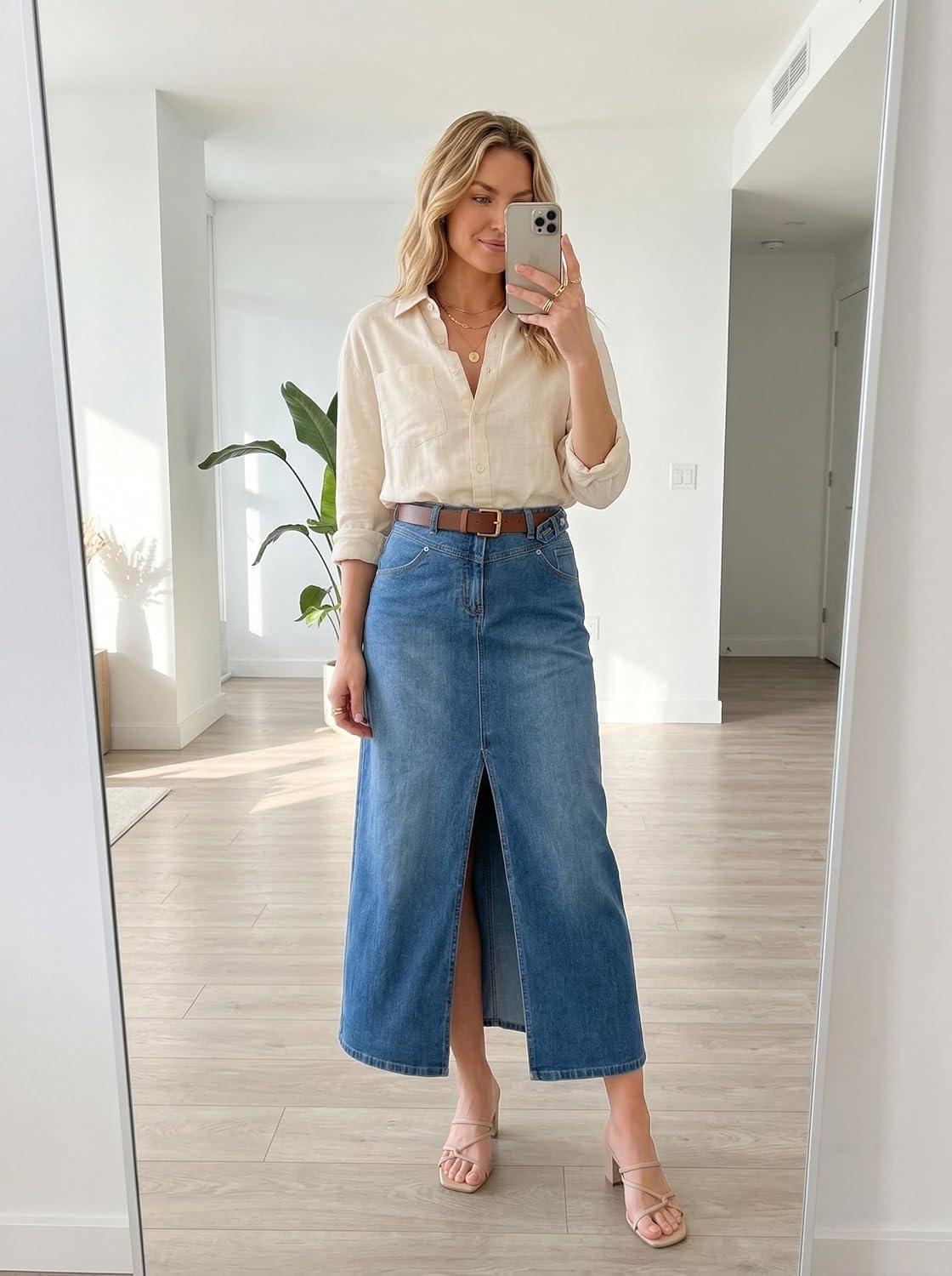 image:imageArachampCloz Womens Cotton Blend Stretch Adjustable Waist Denim Skirts with Pockets 2026Pblue