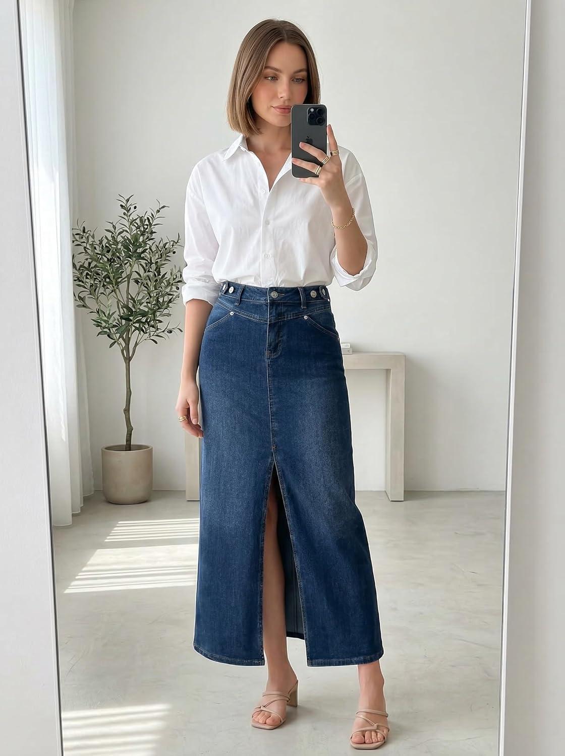 image:imageArachampCloz Womens Cotton Blend Stretch Adjustable Waist Denim Skirts with Pockets 2026Pdark Blue