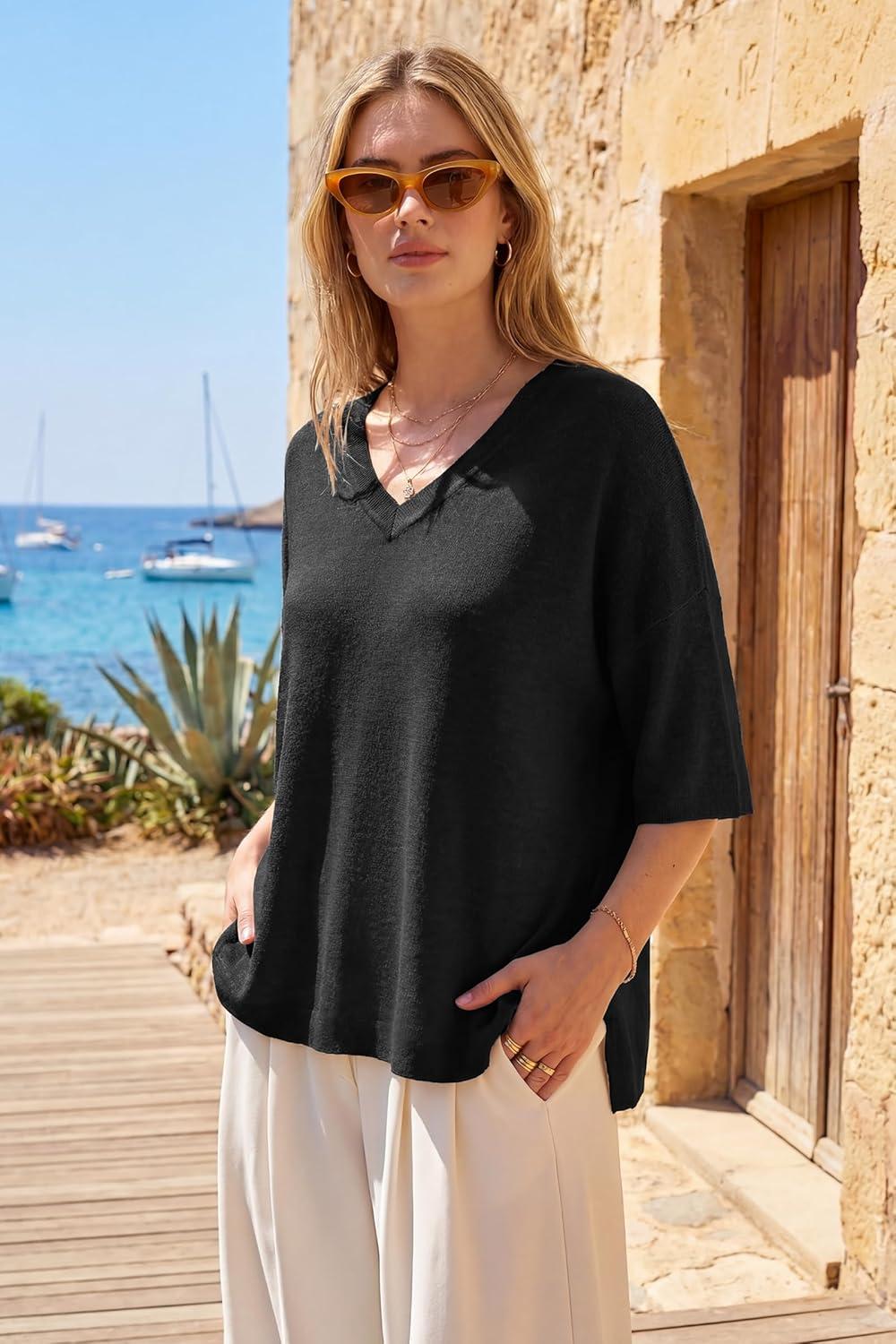 image:imageArachampCloz Womens Wool Blend Elbow Sleeve Summer Oversized Casual SweaterBlack