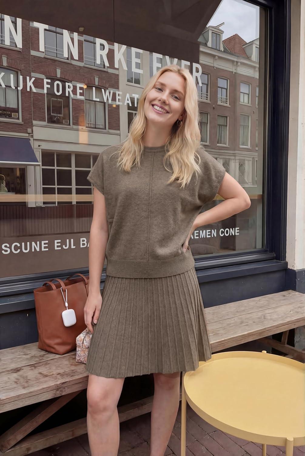 image:imageArachampCloz Womens Wool Blend Knit 2 Piece Sets Summer Casual Cap Sleeve Tops Pleated Mini Skirt Outfits 2026Khaki