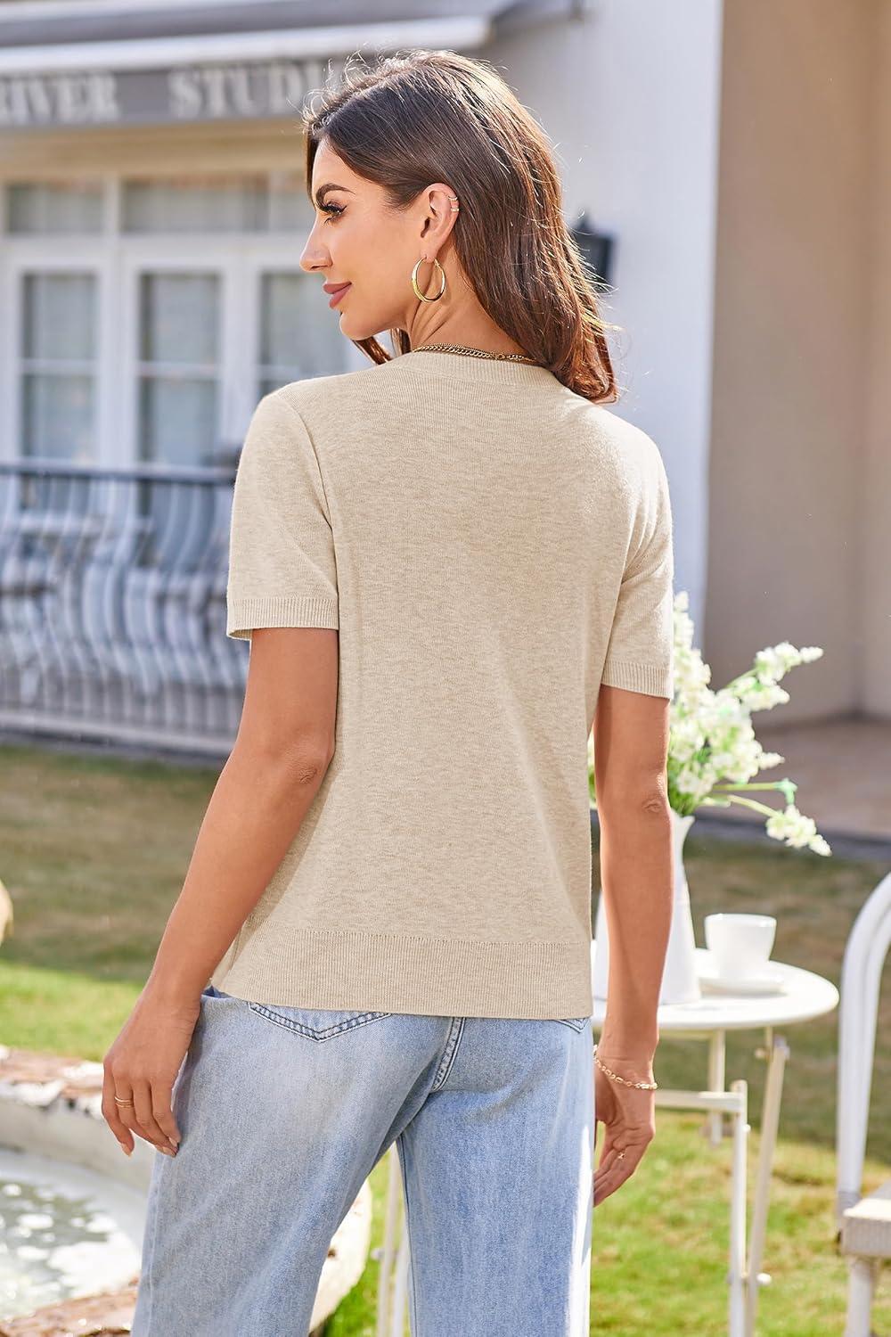 image:imageArachampCloz Womens Wool Blend Short Sleeve Lightweight Cardigan Business Casual Summer Sweaters TopsApricot