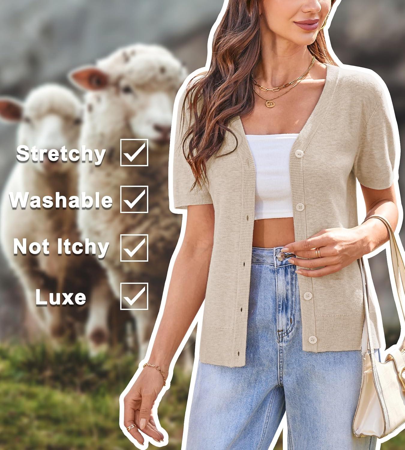 image:imageArachampCloz Womens Wool Blend Short Sleeve Lightweight Cardigan Business Casual Summer Sweaters TopsApricot