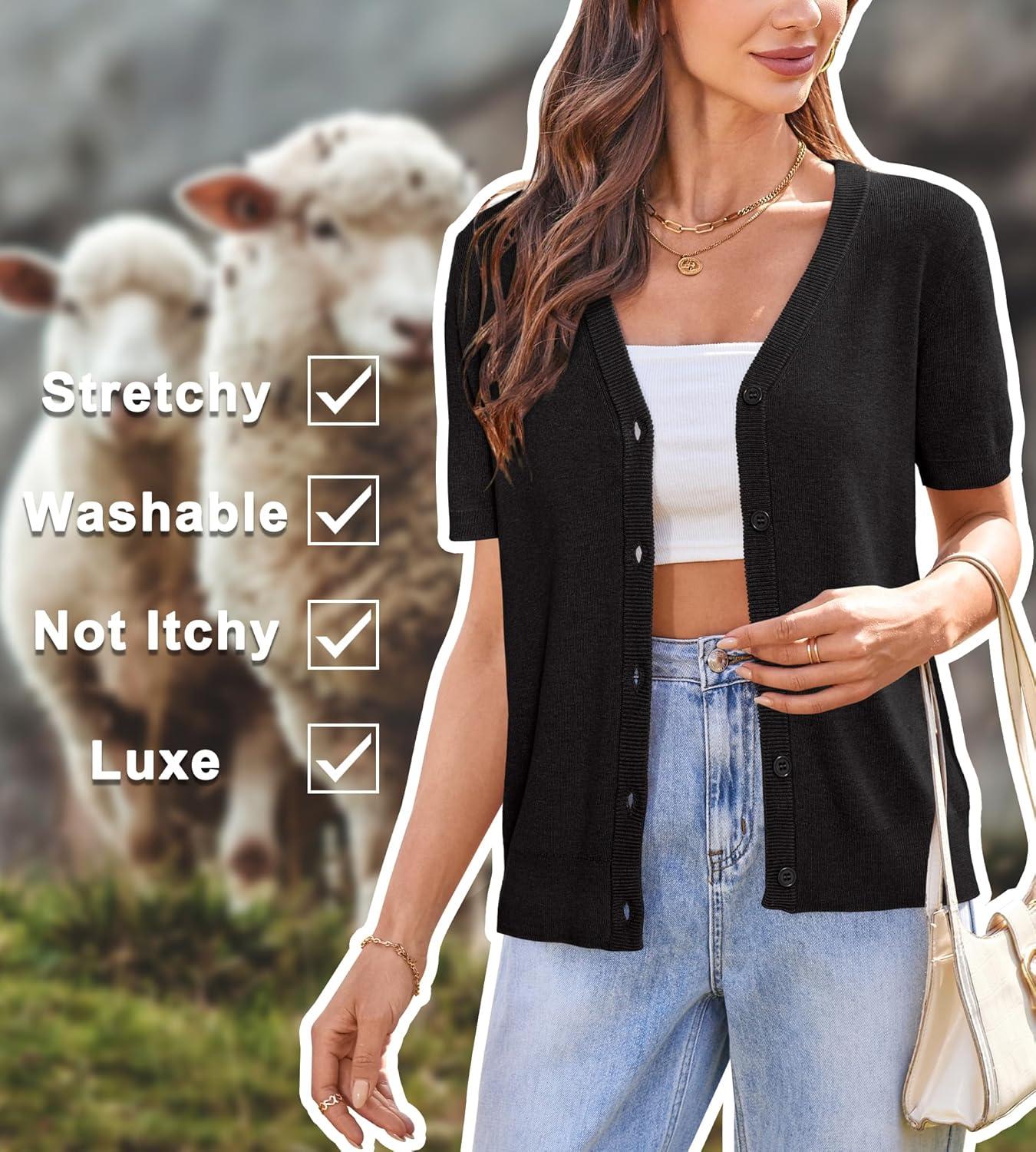 image:imageArachampCloz Womens Wool Blend Short Sleeve Lightweight Cardigan Business Casual Summer Sweaters TopsBlack
