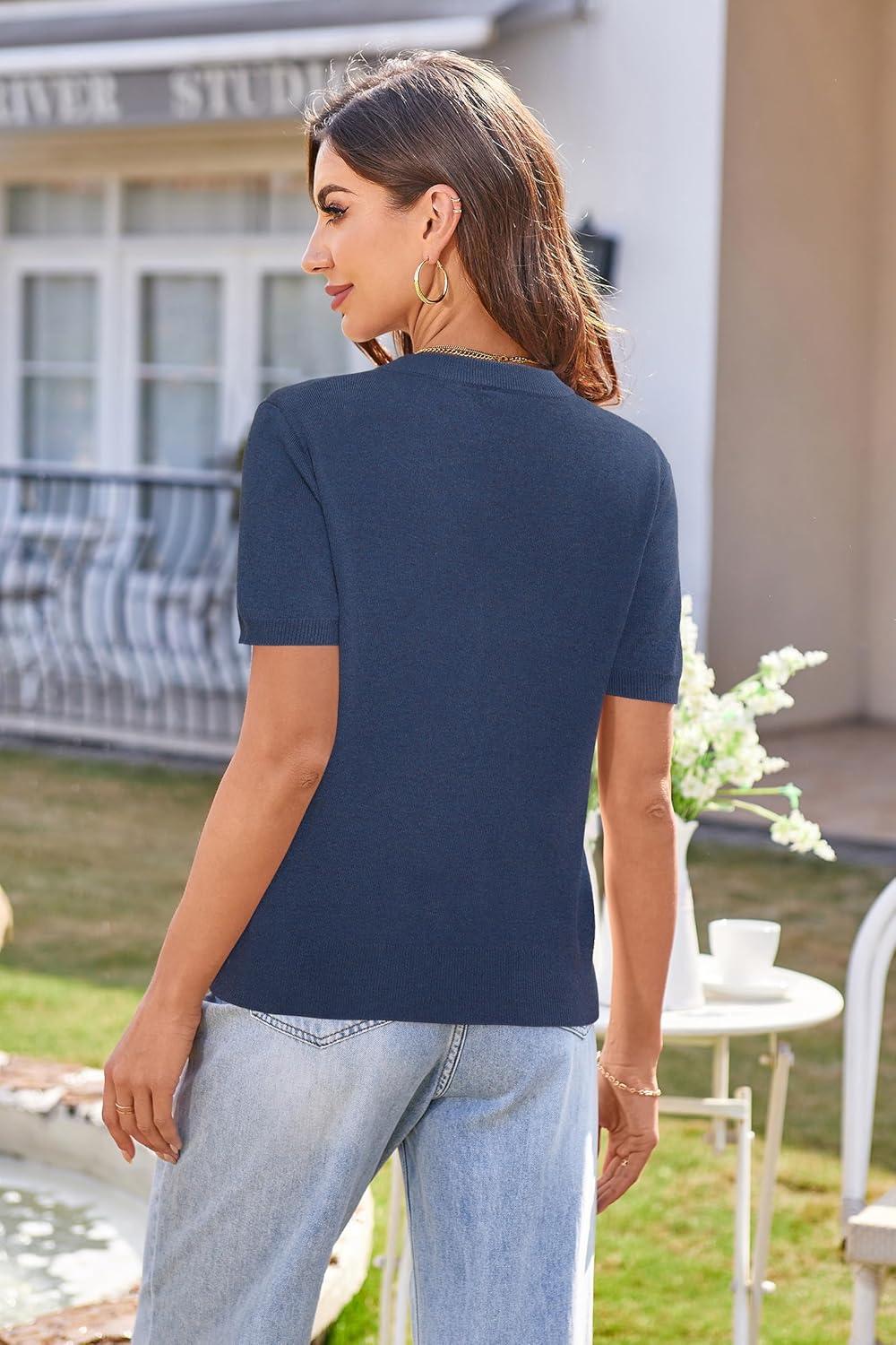 image:imageArachampCloz Womens Wool Blend Short Sleeve Lightweight Cardigan Business Casual Summer Sweaters TopsBlue