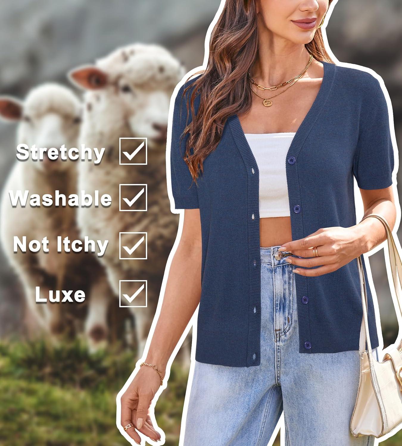 image:imageArachampCloz Womens Wool Blend Short Sleeve Lightweight Cardigan Business Casual Summer Sweaters TopsBlue