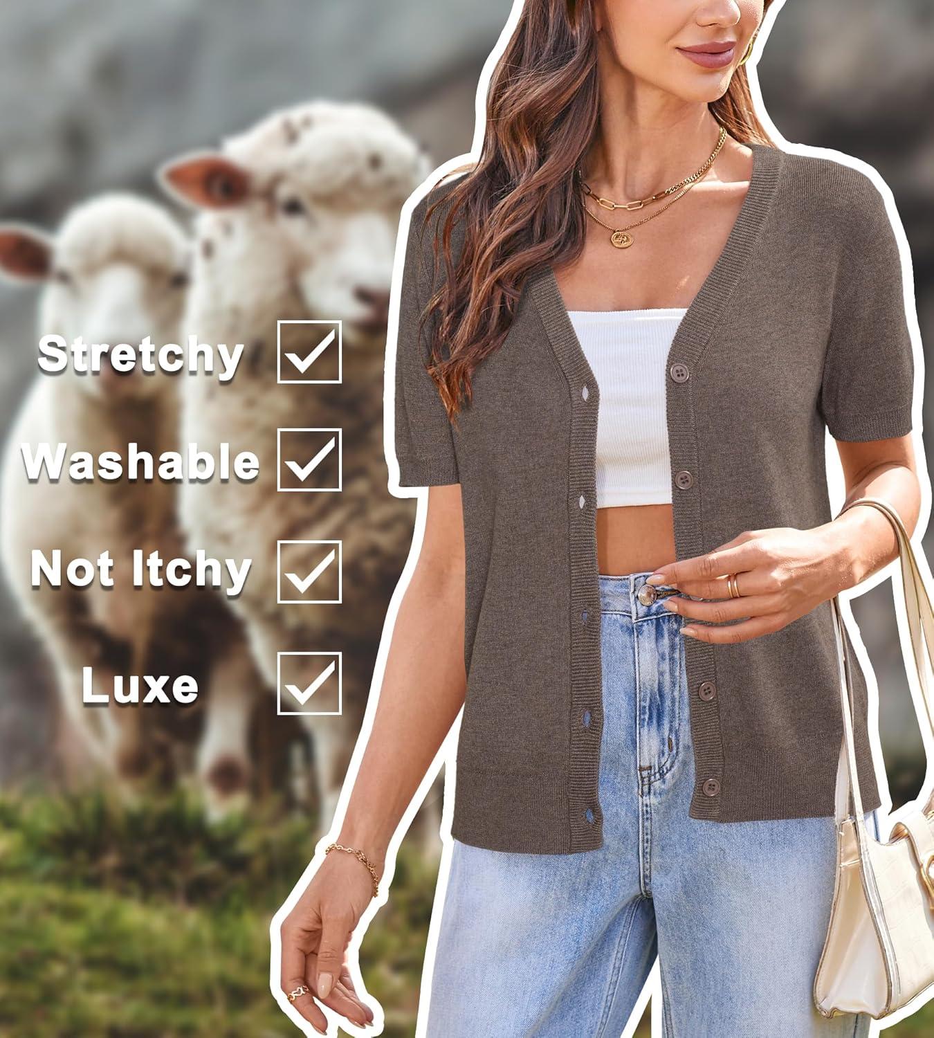 image:imageArachampCloz Womens Wool Blend Short Sleeve Lightweight Cardigan Business Casual Summer Sweaters TopsCoffee