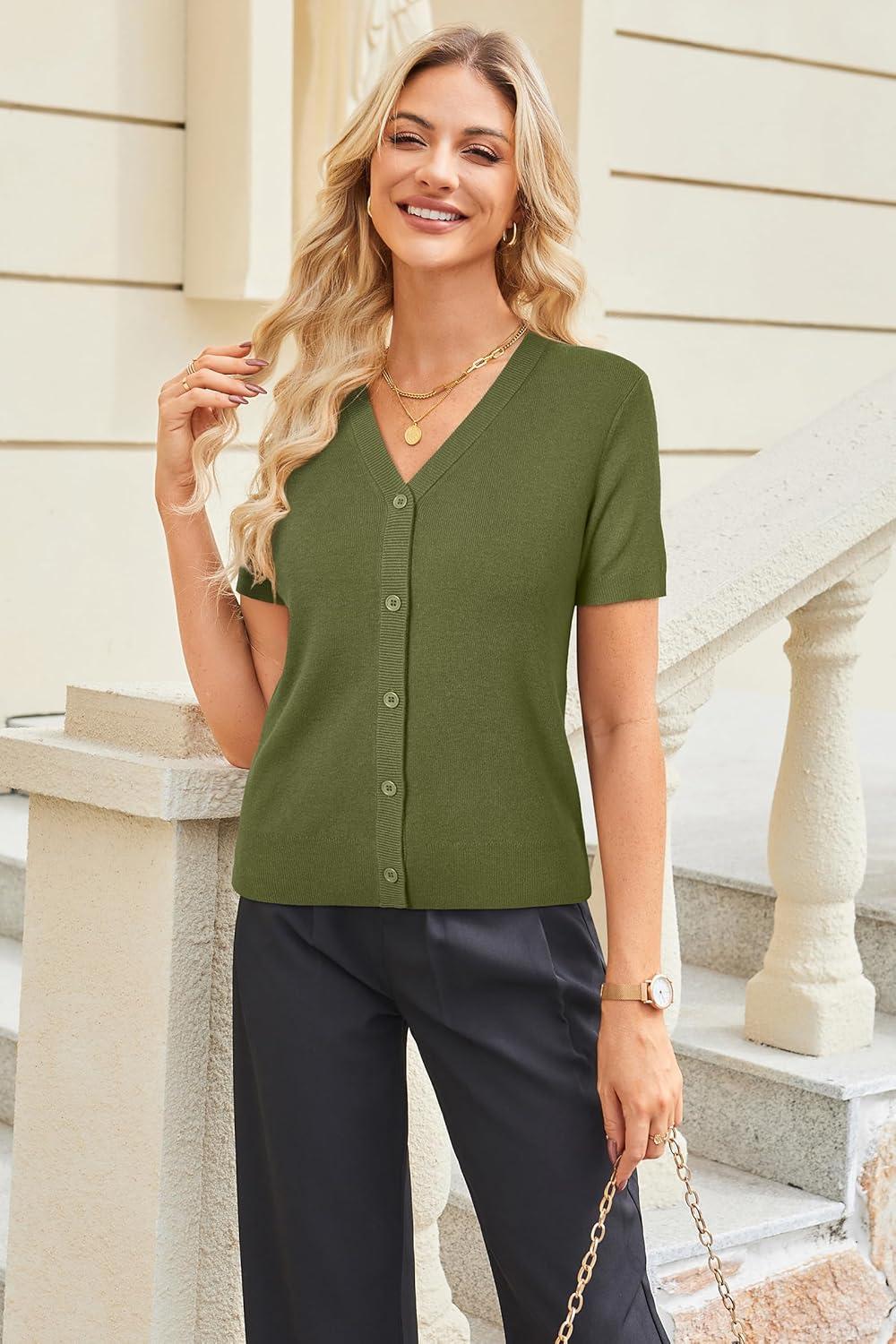 image:imageArachampCloz Womens Wool Blend Short Sleeve Lightweight Cardigan Business Casual Summer Sweaters TopsGrass Army Green
