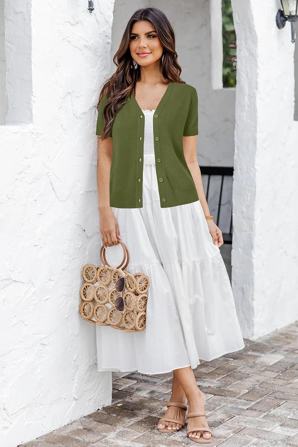 image:imageArachampCloz Womens Wool Blend Short Sleeve Lightweight Cardigan Business Casual Summer Sweaters TopsGrass Army Green