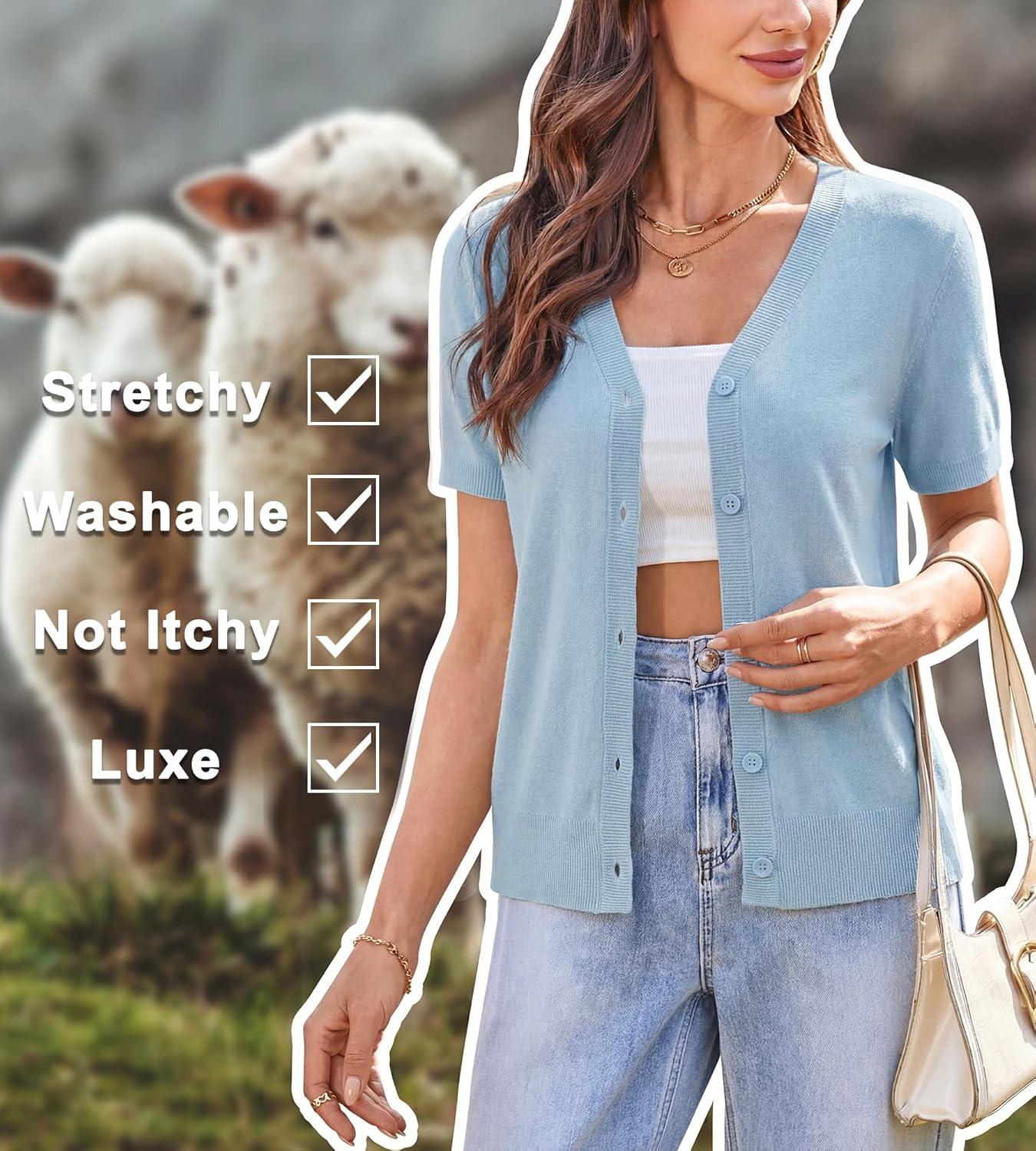 image:imageArachampCloz Womens Wool Blend Short Sleeve Lightweight Cardigan Business Casual Summer Sweaters TopsLight Blue