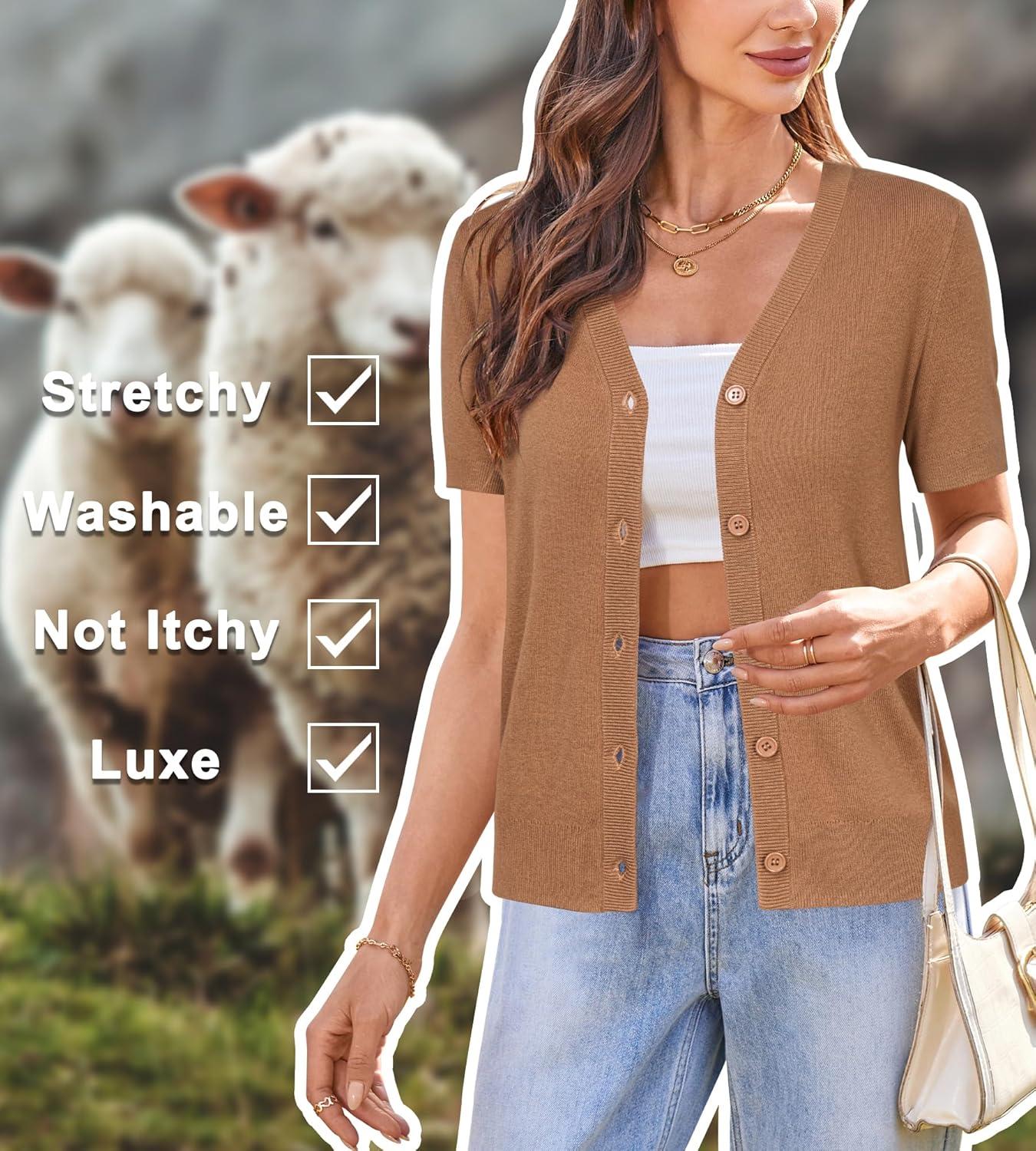 image:imageArachampCloz Womens Wool Blend Short Sleeve Lightweight Cardigan Business Casual Summer Sweaters TopsMocha Mousse