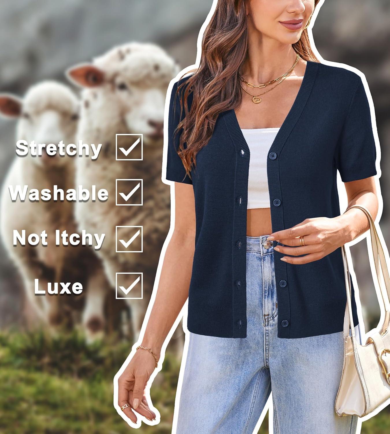 image:imageArachampCloz Womens Wool Blend Short Sleeve Lightweight Cardigan Business Casual Summer Sweaters TopsNavy