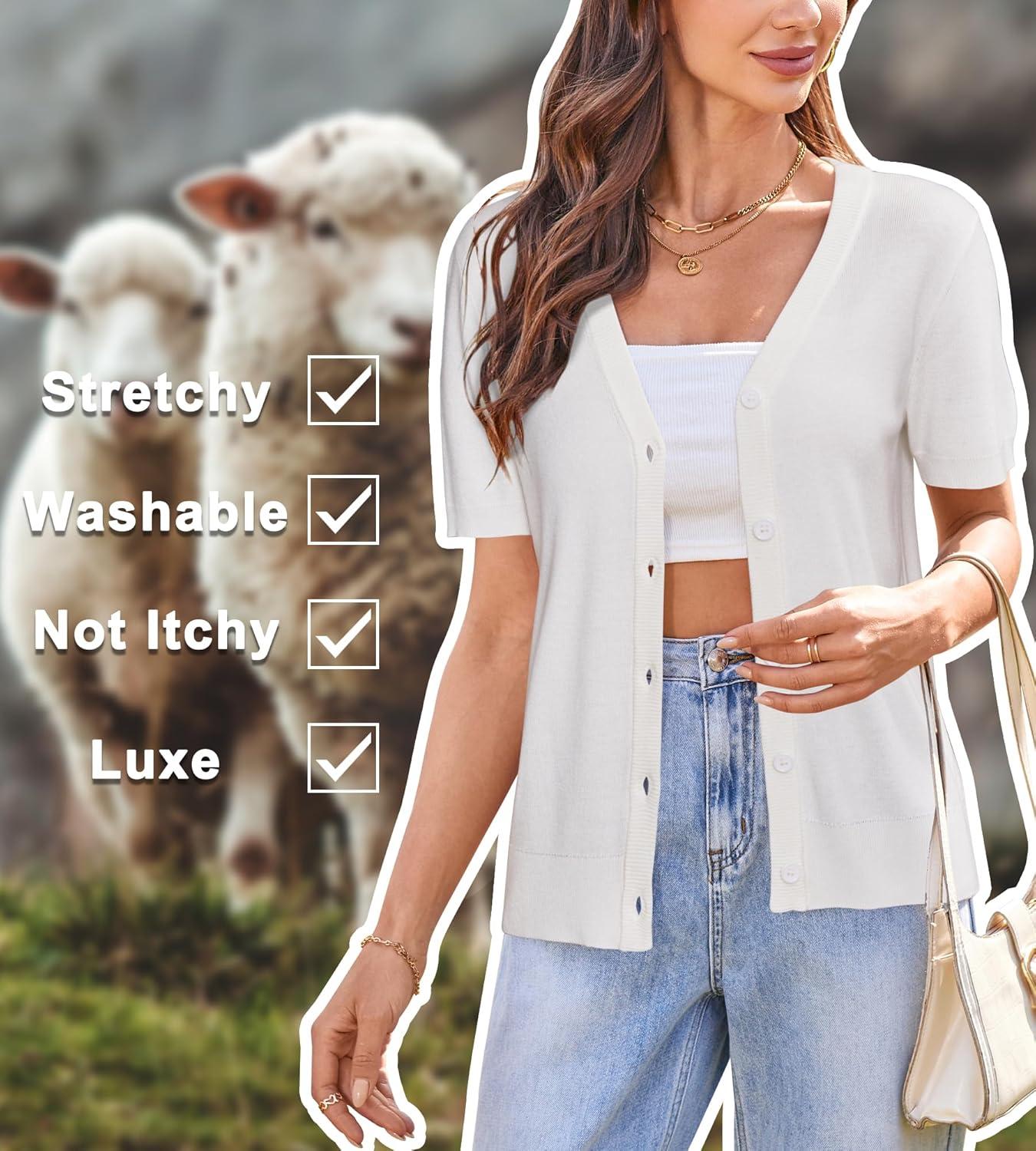 image:imageArachampCloz Womens Wool Blend Short Sleeve Lightweight Cardigan Business Casual Summer Sweaters TopsOffwhite