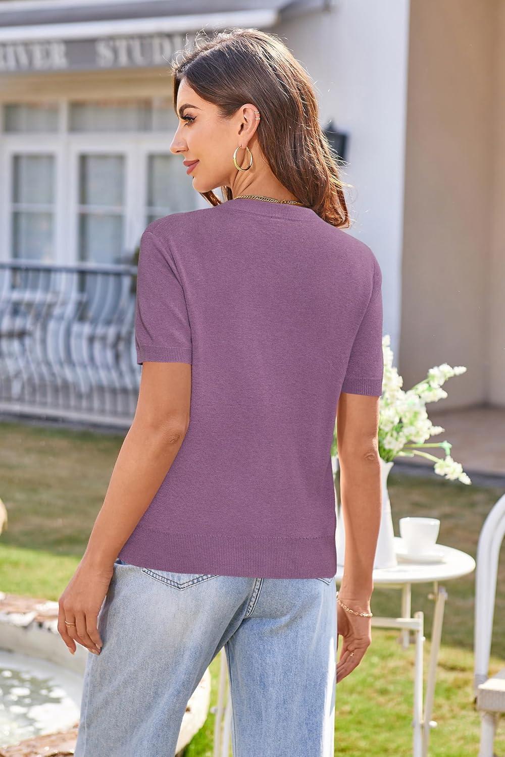 image:imageArachampCloz Womens Wool Blend Short Sleeve Lightweight Cardigan Business Casual Summer Sweaters TopsPurple
