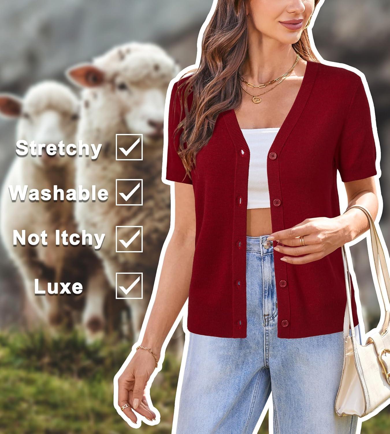 image:imageArachampCloz Womens Wool Blend Short Sleeve Lightweight Cardigan Business Casual Summer Sweaters TopsRed