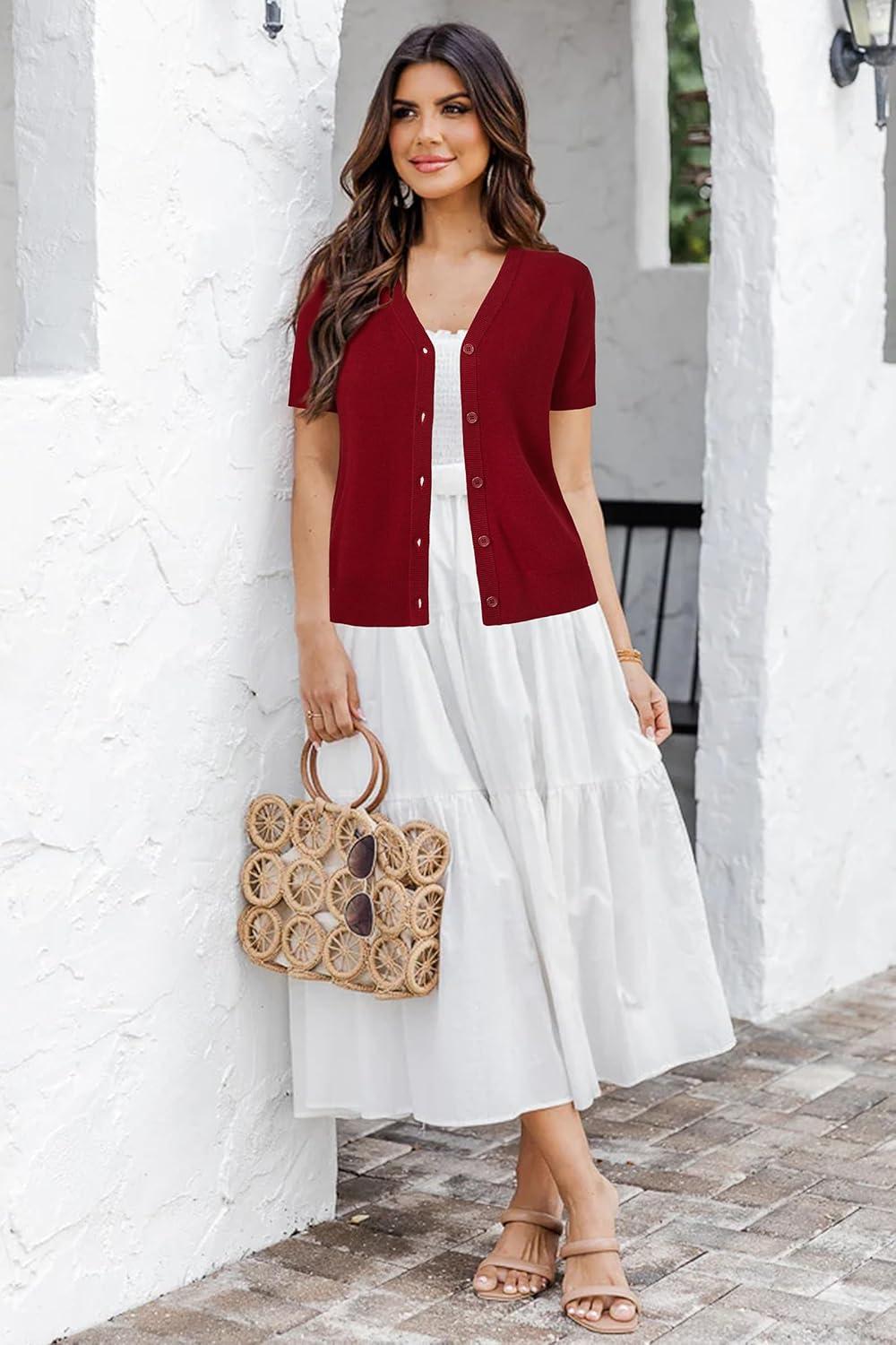image:imageArachampCloz Womens Wool Blend Short Sleeve Lightweight Cardigan Business Casual Summer Sweaters TopsRed