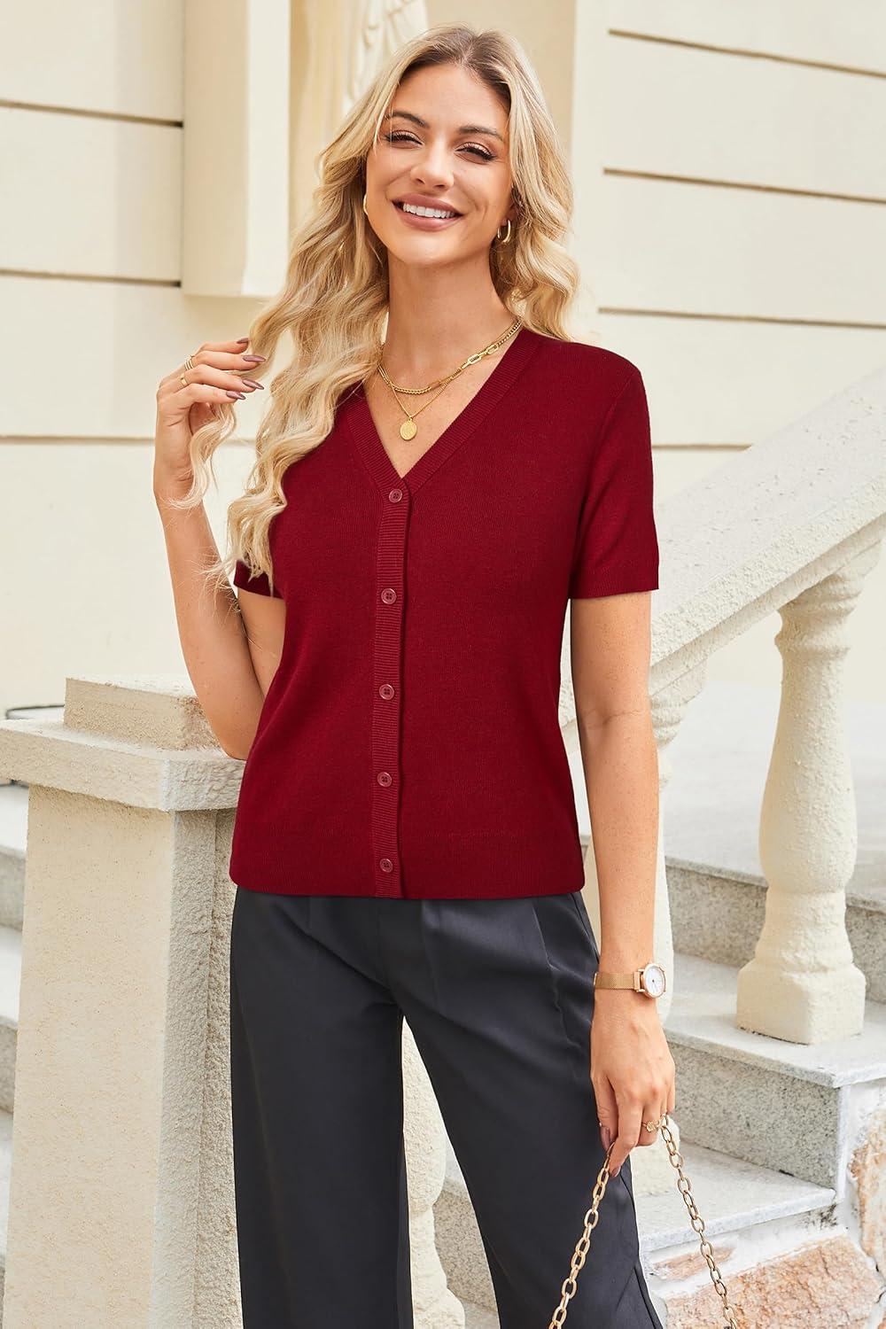 image:imageArachampCloz Womens Wool Blend Short Sleeve Lightweight Cardigan Business Casual Summer Sweaters TopsRed