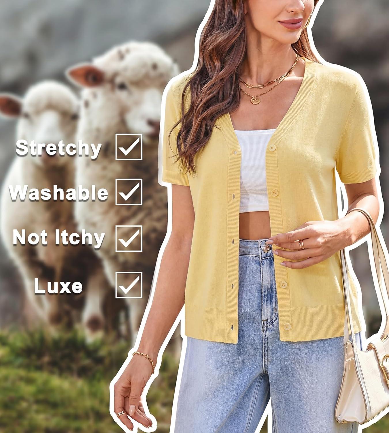 image:imageArachampCloz Womens Wool Blend Short Sleeve Lightweight Cardigan Business Casual Summer Sweaters TopsYellow