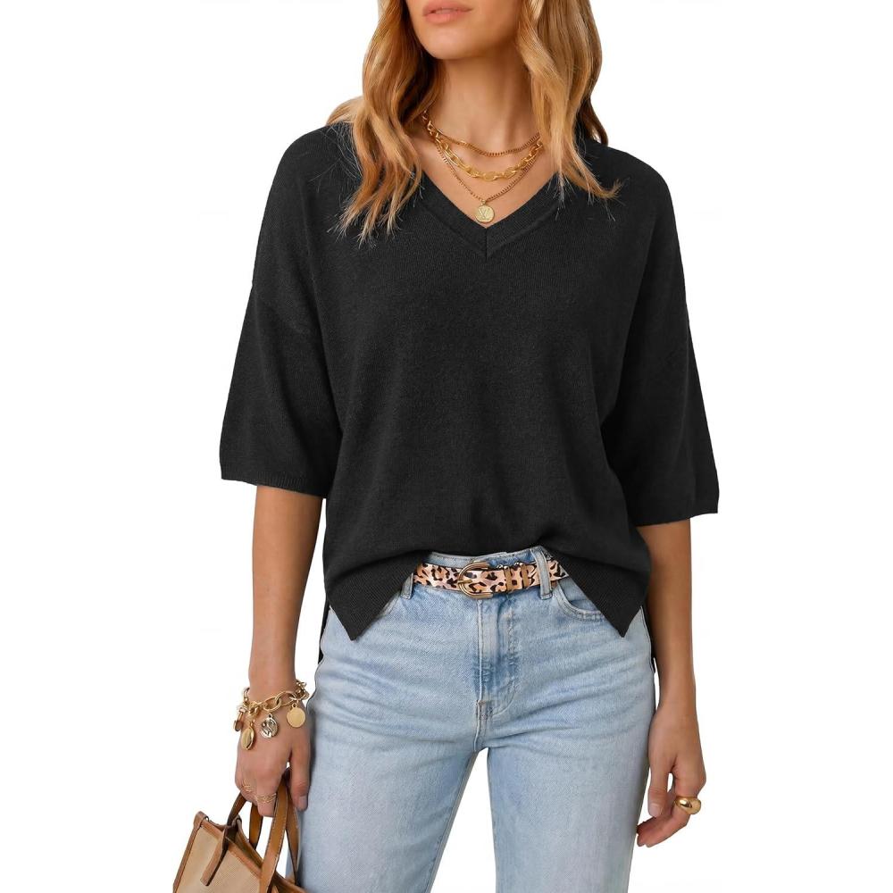 image:imageArachampCloz Womens Wool Blend Elbow Sleeve Summer Oversized Casual SweaterBlack