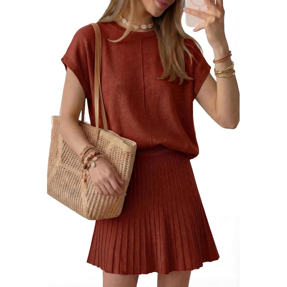 image:imageArachampCloz Womens Wool Blend Knit 2 Piece Sets Summer Casual Cap Sleeve Tops Pleated Mini Skirt Outfits 2026Burgundy
