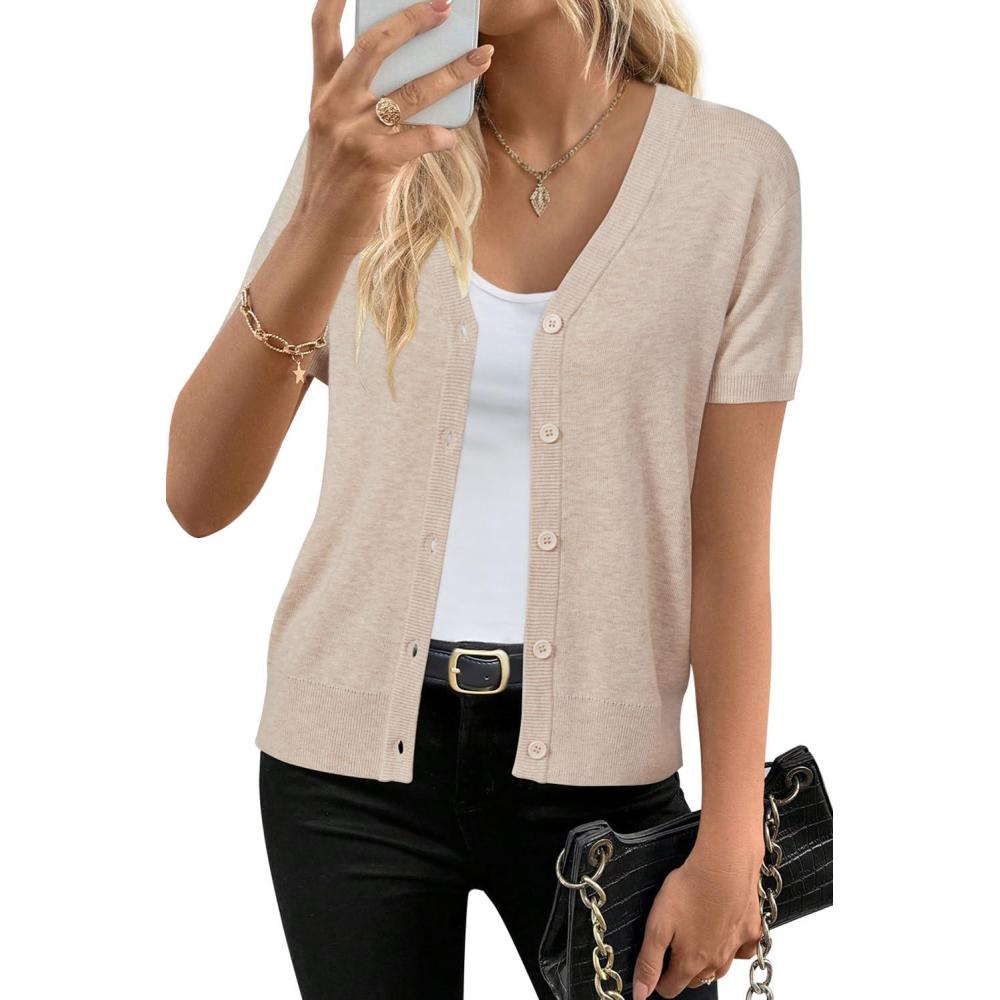 image:imageArachampCloz Womens Wool Blend Short Sleeve Lightweight Cardigan Business Casual Summer Sweaters TopsApricot
