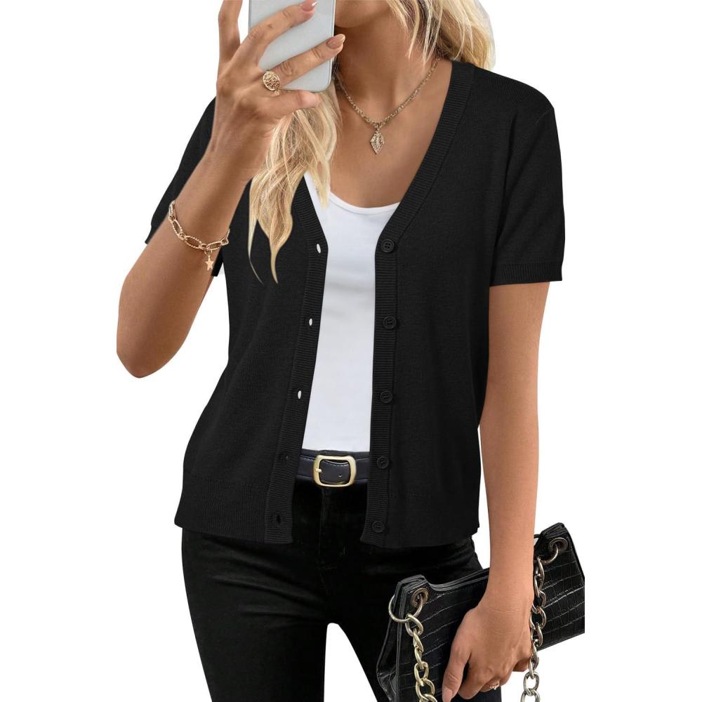 image:imageArachampCloz Womens Wool Blend Short Sleeve Lightweight Cardigan Business Casual Summer Sweaters TopsBlack