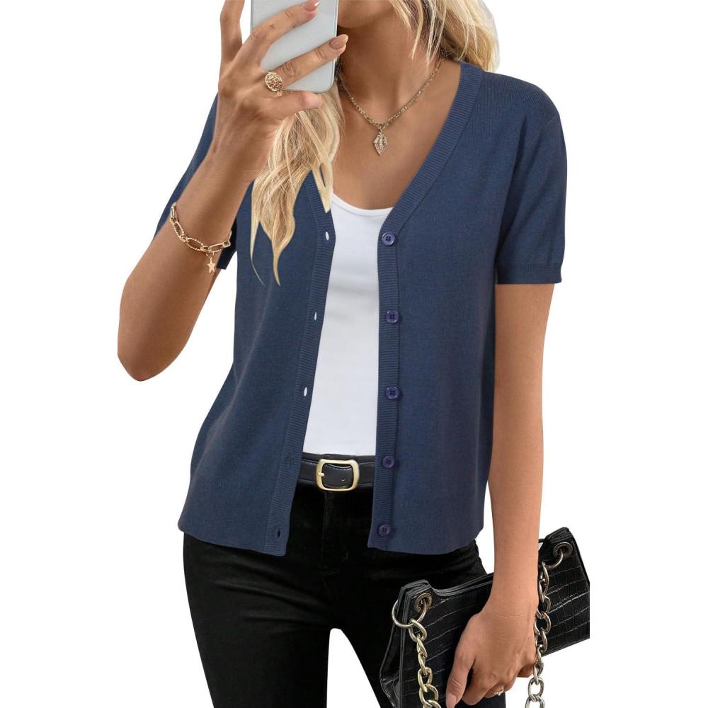image:imageArachampCloz Womens Wool Blend Short Sleeve Lightweight Cardigan Business Casual Summer Sweaters TopsBlue