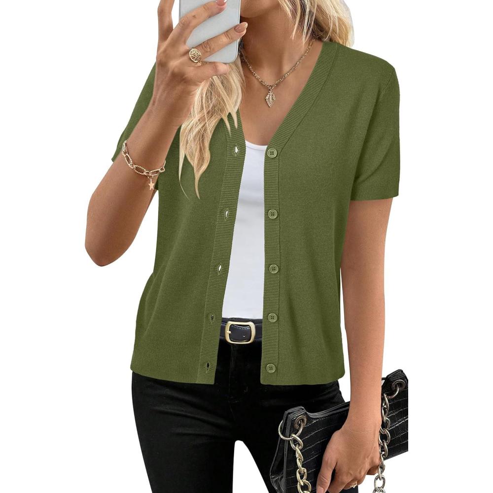 image:imageArachampCloz Womens Wool Blend Short Sleeve Lightweight Cardigan Business Casual Summer Sweaters TopsGrass Army Green