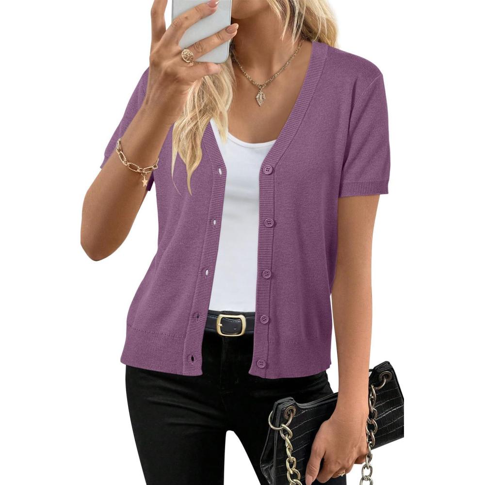 image:imageArachampCloz Womens Wool Blend Short Sleeve Lightweight Cardigan Business Casual Summer Sweaters TopsPurple