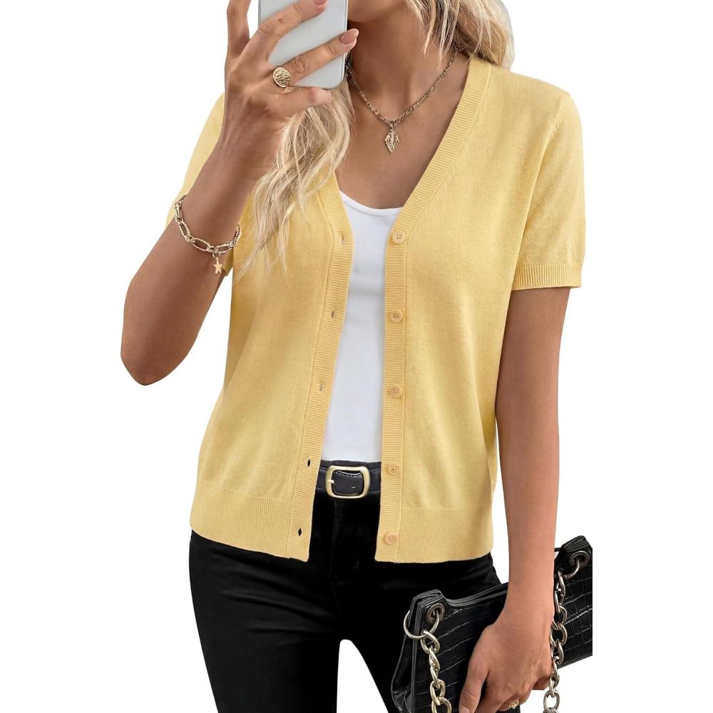 image:imageArachampCloz Womens Wool Blend Short Sleeve Lightweight Cardigan Business Casual Summer Sweaters TopsYellow
