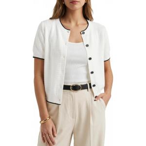Arach&Cloz Women’s 100% Cotton Cropped Short Sleeve Cardigan Sweaters Lightweight Tops Summer 2026(Beige White)