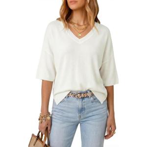 Arach&Cloz Women’s Wool Blend Elbow Sleeve Summer Oversized Casual Sweater(Off-white)