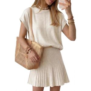 Arach&Cloz Women’s Wool Blend Knit 2 Piece Sets Summer Casual Cap Sleeve Tops Pleated Mini Skirt Outfits 2026(Beige)