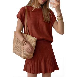 Arach&Cloz Women’s Wool Blend Knit 2 Piece Sets Summer Casual Cap Sleeve Tops Pleated Mini Skirt Outfits 2026(Burgundy)