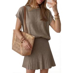 Arach&Cloz Women’s Wool Blend Knit 2 Piece Sets Summer Casual Cap Sleeve Tops Pleated Mini Skirt Outfits 2026(Khaki)