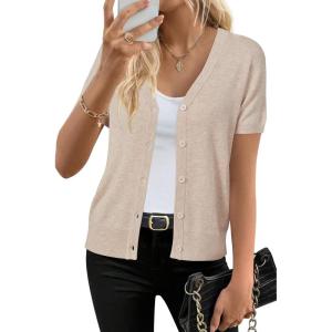 Arach&Cloz Women’s Wool Blend Short Sleeve Lightweight Cardigan Business Casual Summer Sweaters Tops(Apricot)