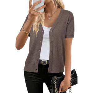Arach&Cloz Women’s Wool Blend Short Sleeve Lightweight Cardigan Business Casual Summer Sweaters Tops(Coffee)
