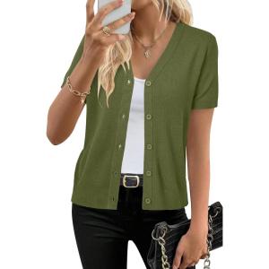 Arach&Cloz Women’s Wool Blend Short Sleeve Lightweight Cardigan Business Casual Summer Sweaters Tops(Grass Army Green)