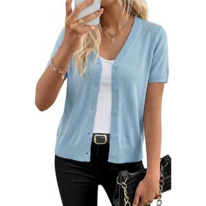 Arach&Cloz Women’s Wool Blend Short Sleeve Lightweight Cardigan Business Casual Summer Sweaters Tops(Light Blue)