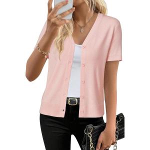 Arach&Cloz Women’s Wool Blend Short Sleeve Lightweight Cardigan Business Casual Summer Sweaters Tops(Light Pink)