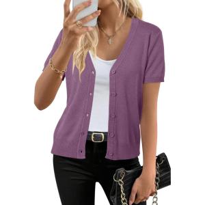 Arach&Cloz Women’s Wool Blend Short Sleeve Lightweight Cardigan Business Casual Summer Sweaters Tops(Purple)